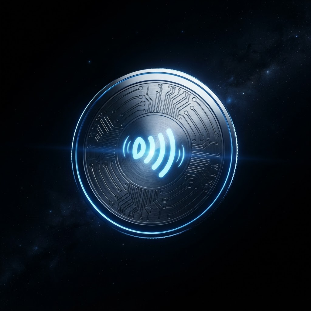 A premium metallic TapCoin NFC coin glowing with blue accents